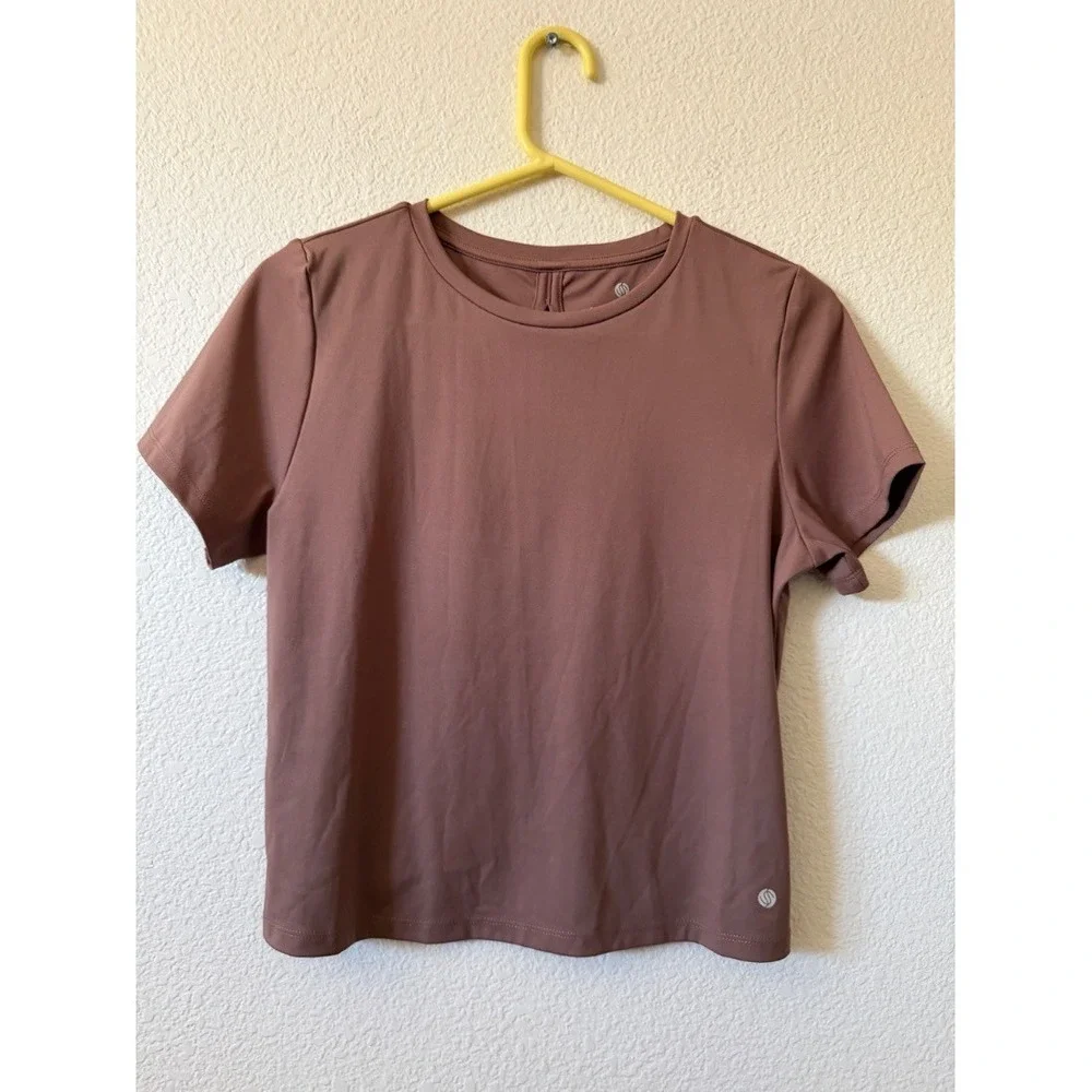 Stretch The Rules Womens Crop Top Mauve Ruched Back Cutout Short Sleeve Size M